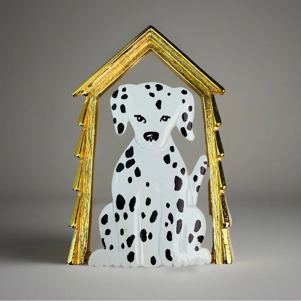 Vintage JJ Dalmatian Dog goldtone, black, and white Brooch Pin